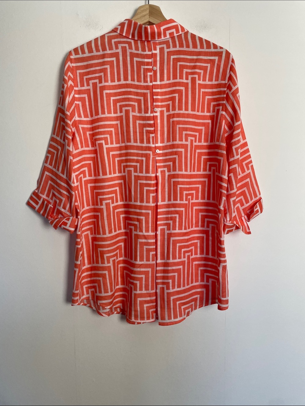 Chico's On Iron Linen Coral Geometric Button-Up 3/4 Sleeve Women's M Tunic Top - Picture 4 of 7